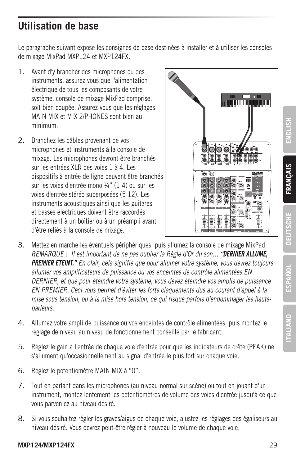 Utilisation de base | Samson MIXPAD MXP124FX Analog Stereo Mixer with Effects and USB User Manual | Page 29 / 112