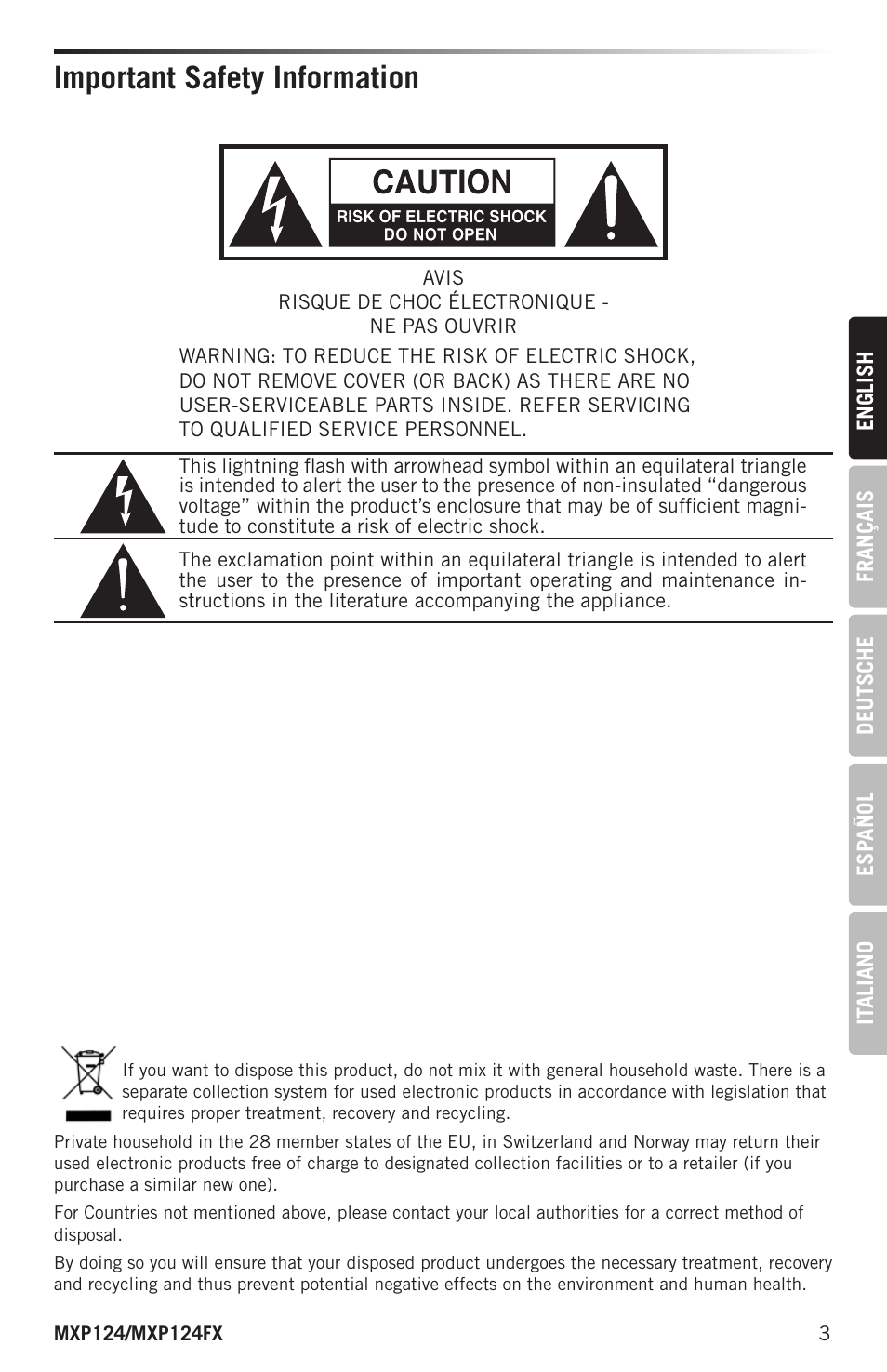 Important safety information | Samson MIXPAD MXP124FX Analog Stereo Mixer with Effects and USB User Manual | Page 3 / 112