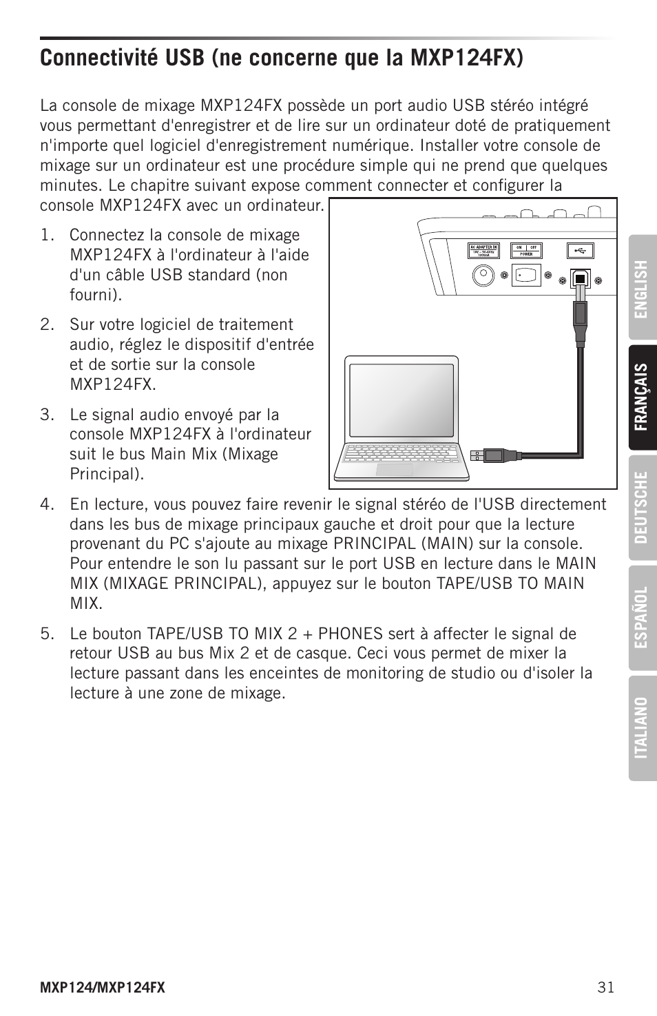 Connectivité usb (ne concerne que la mxp124fx) | Samson MIXPAD MXP124FX Analog Stereo Mixer with Effects and USB User Manual | Page 31 / 112