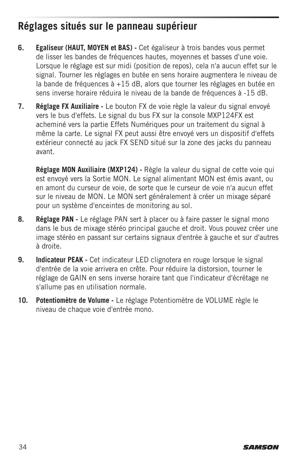 Réglages situés sur le panneau supérieur | Samson MIXPAD MXP124FX Analog Stereo Mixer with Effects and USB User Manual | Page 34 / 112