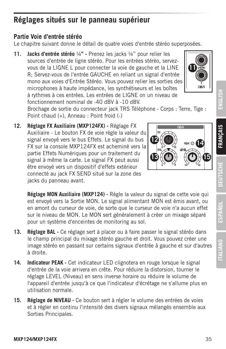 Réglages situés sur le panneau supérieur | Samson MIXPAD MXP124FX Analog Stereo Mixer with Effects and USB User Manual | Page 35 / 112