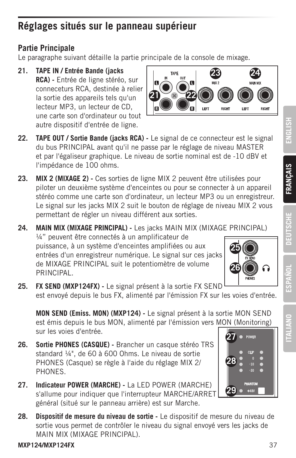 Réglages situés sur le panneau supérieur | Samson MIXPAD MXP124FX Analog Stereo Mixer with Effects and USB User Manual | Page 37 / 112