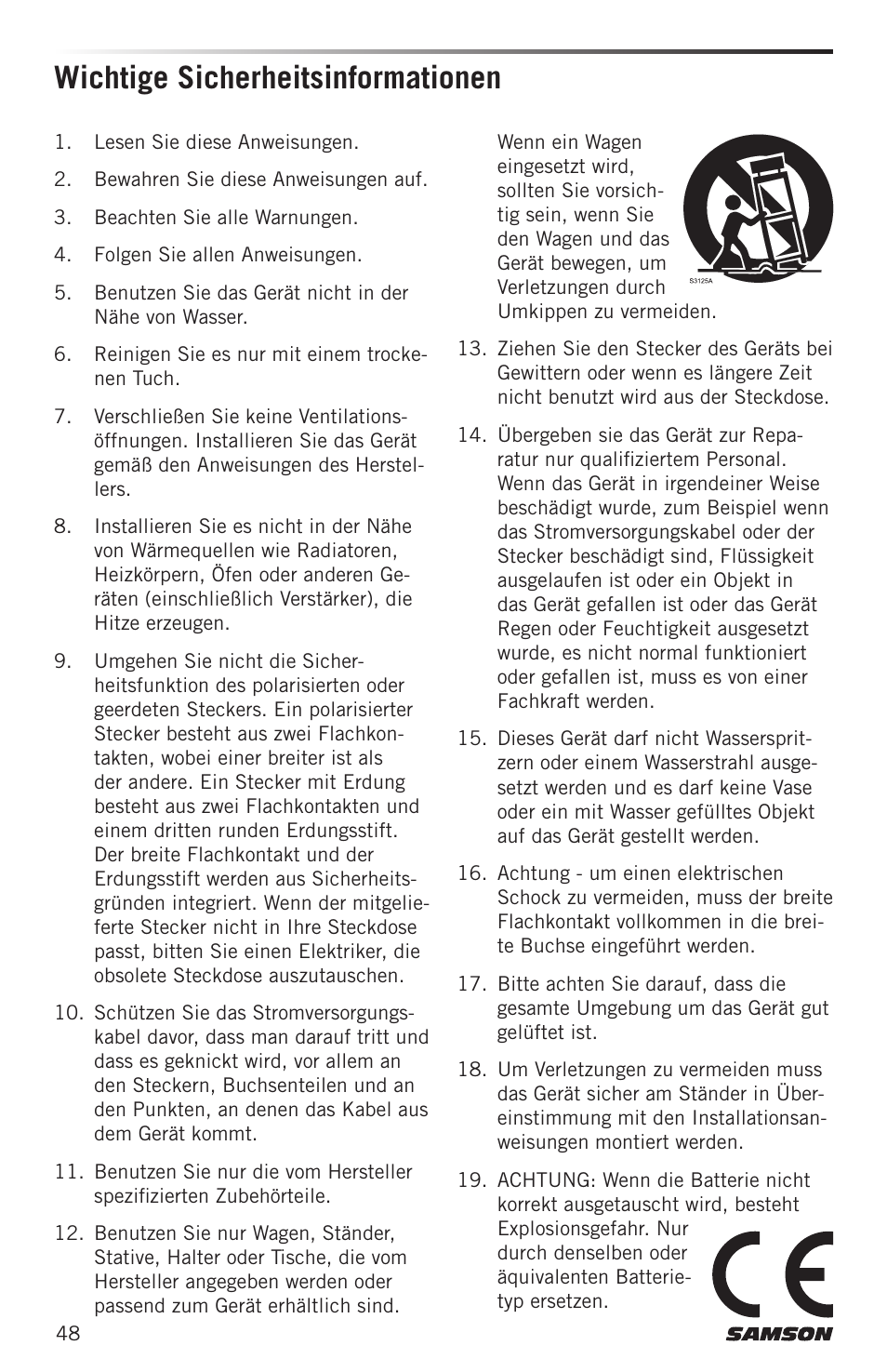 Wichtige sicherheitsinformationen | Samson MIXPAD MXP124FX Analog Stereo Mixer with Effects and USB User Manual | Page 48 / 112