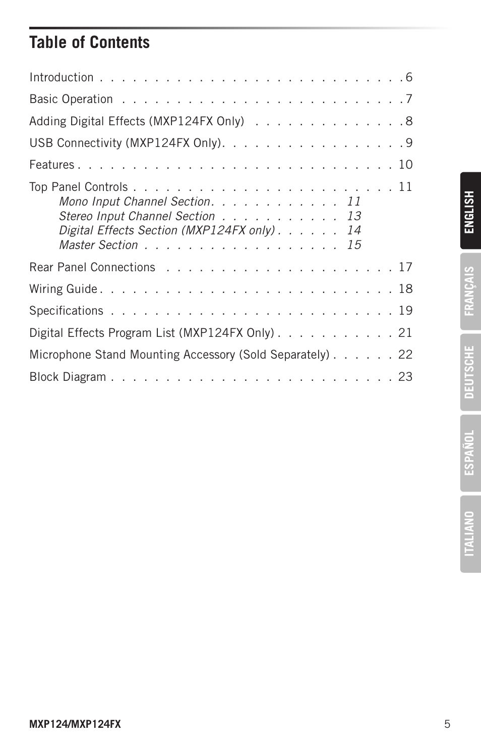 Samson MIXPAD MXP124FX Analog Stereo Mixer with Effects and USB User Manual | Page 5 / 112