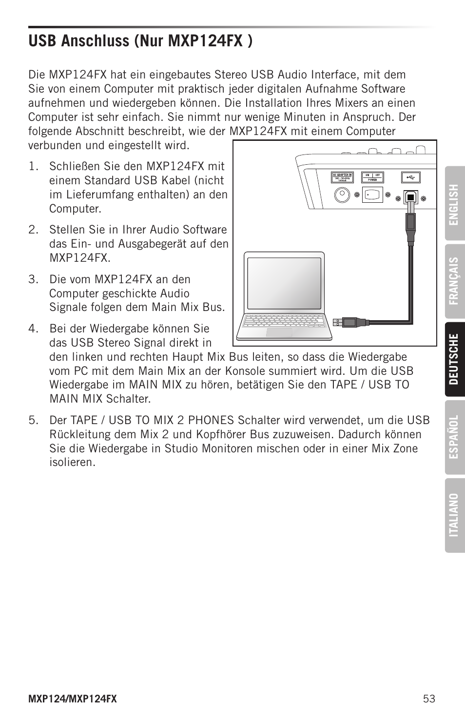 Usb anschluss (nur mxp124fx ) | Samson MIXPAD MXP124FX Analog Stereo Mixer with Effects and USB User Manual | Page 53 / 112