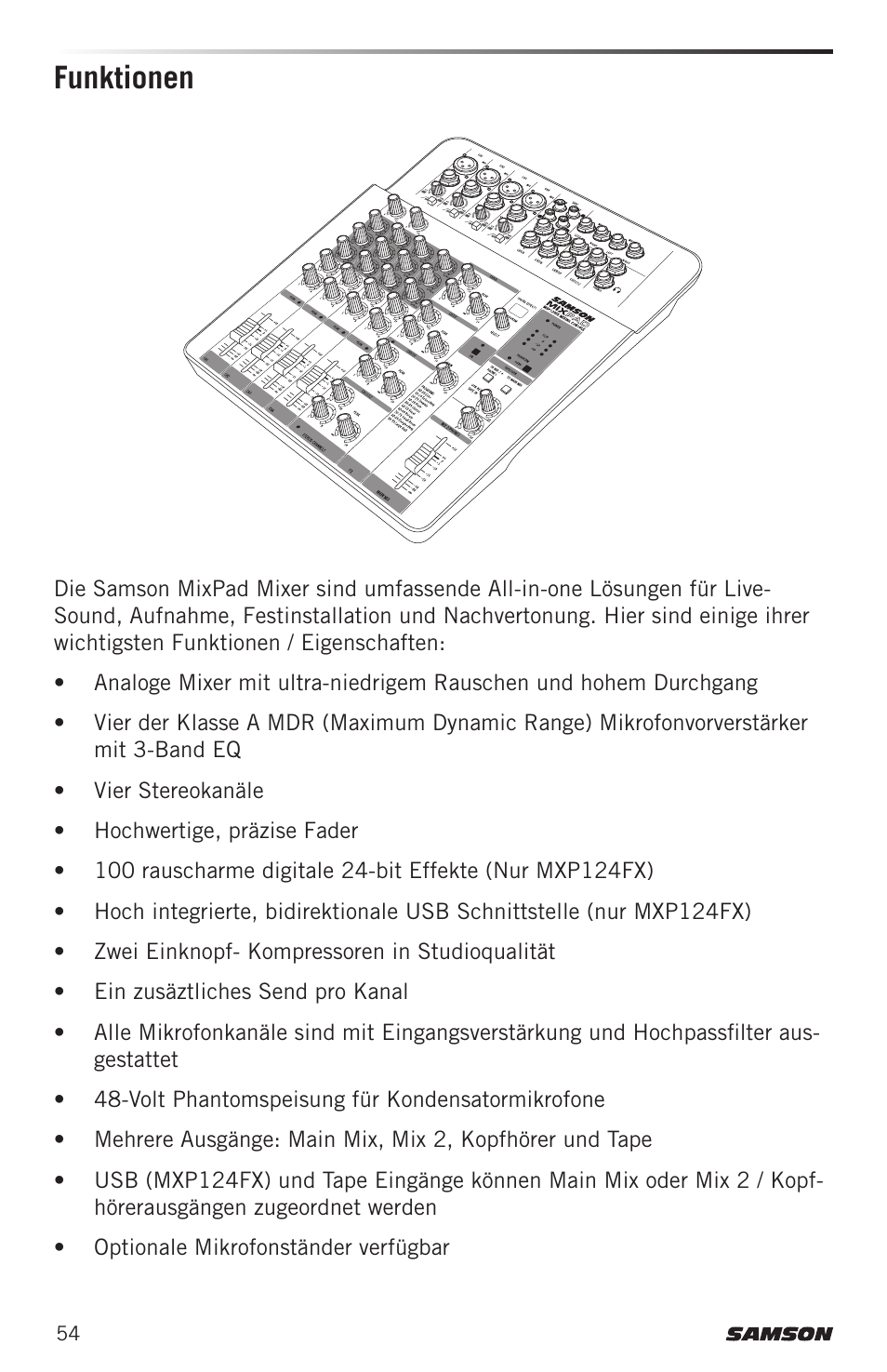 Funktionen | Samson MIXPAD MXP124FX Analog Stereo Mixer with Effects and USB User Manual | Page 54 / 112