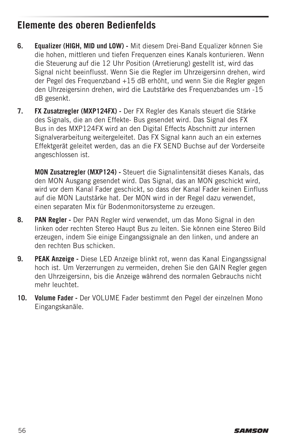Elemente des oberen bedienfelds | Samson MIXPAD MXP124FX Analog Stereo Mixer with Effects and USB User Manual | Page 56 / 112