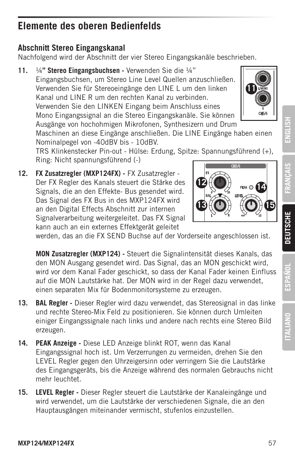 Elemente des oberen bedienfelds | Samson MIXPAD MXP124FX Analog Stereo Mixer with Effects and USB User Manual | Page 57 / 112