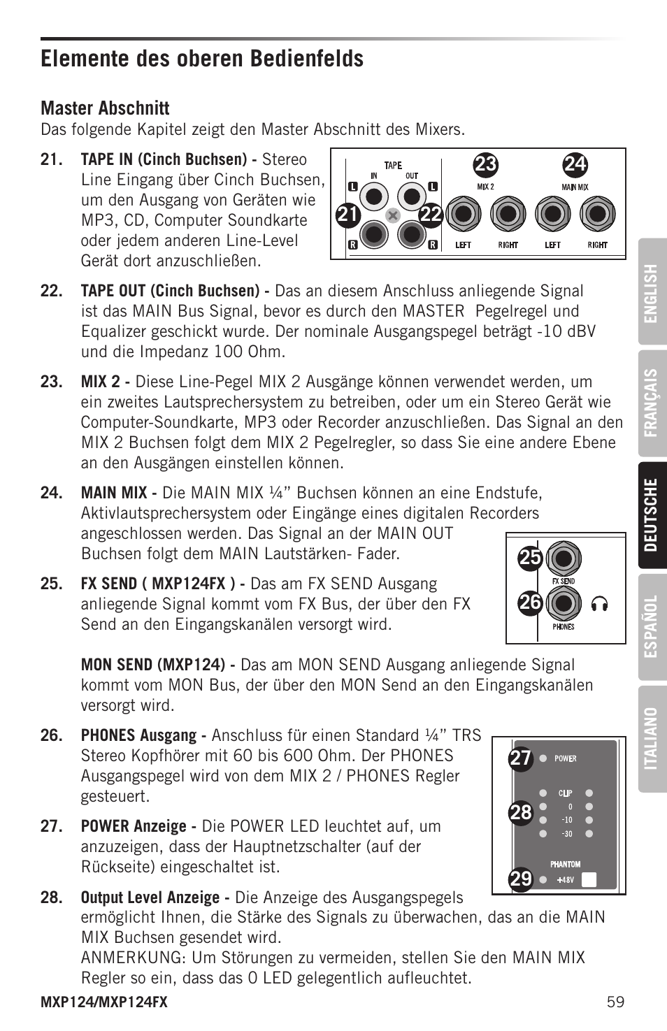 Elemente des oberen bedienfelds | Samson MIXPAD MXP124FX Analog Stereo Mixer with Effects and USB User Manual | Page 59 / 112