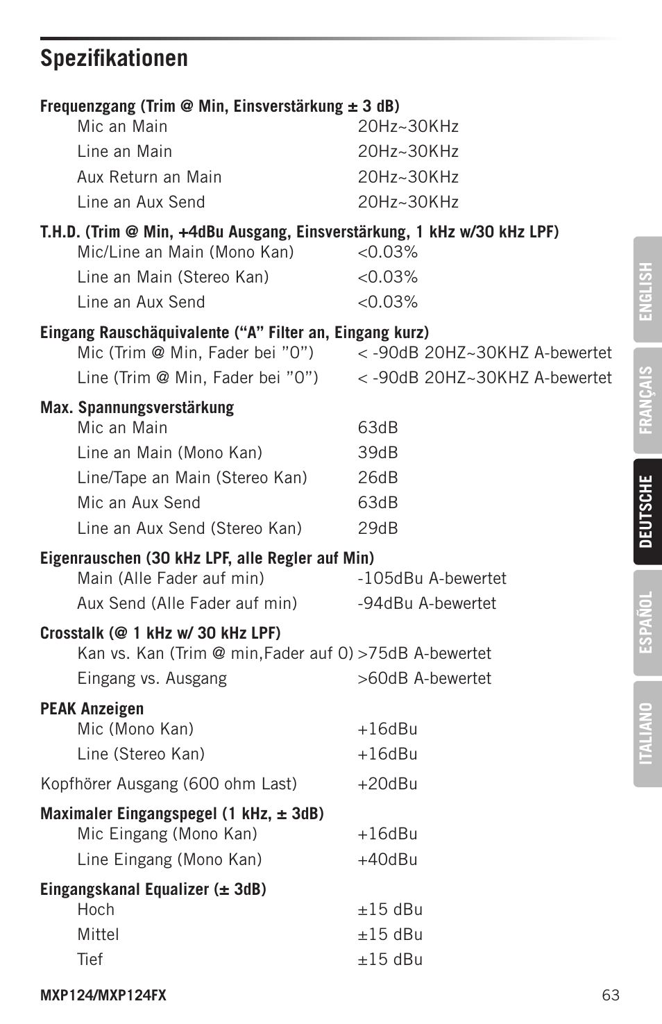 Spezifikationen | Samson MIXPAD MXP124FX Analog Stereo Mixer with Effects and USB User Manual | Page 63 / 112