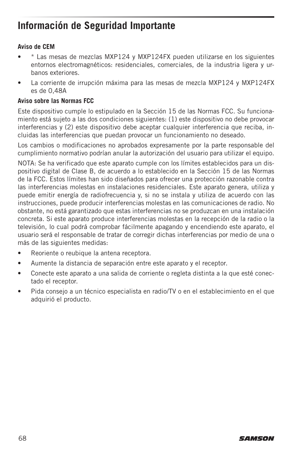 Información de seguridad importante | Samson MIXPAD MXP124FX Analog Stereo Mixer with Effects and USB User Manual | Page 68 / 112