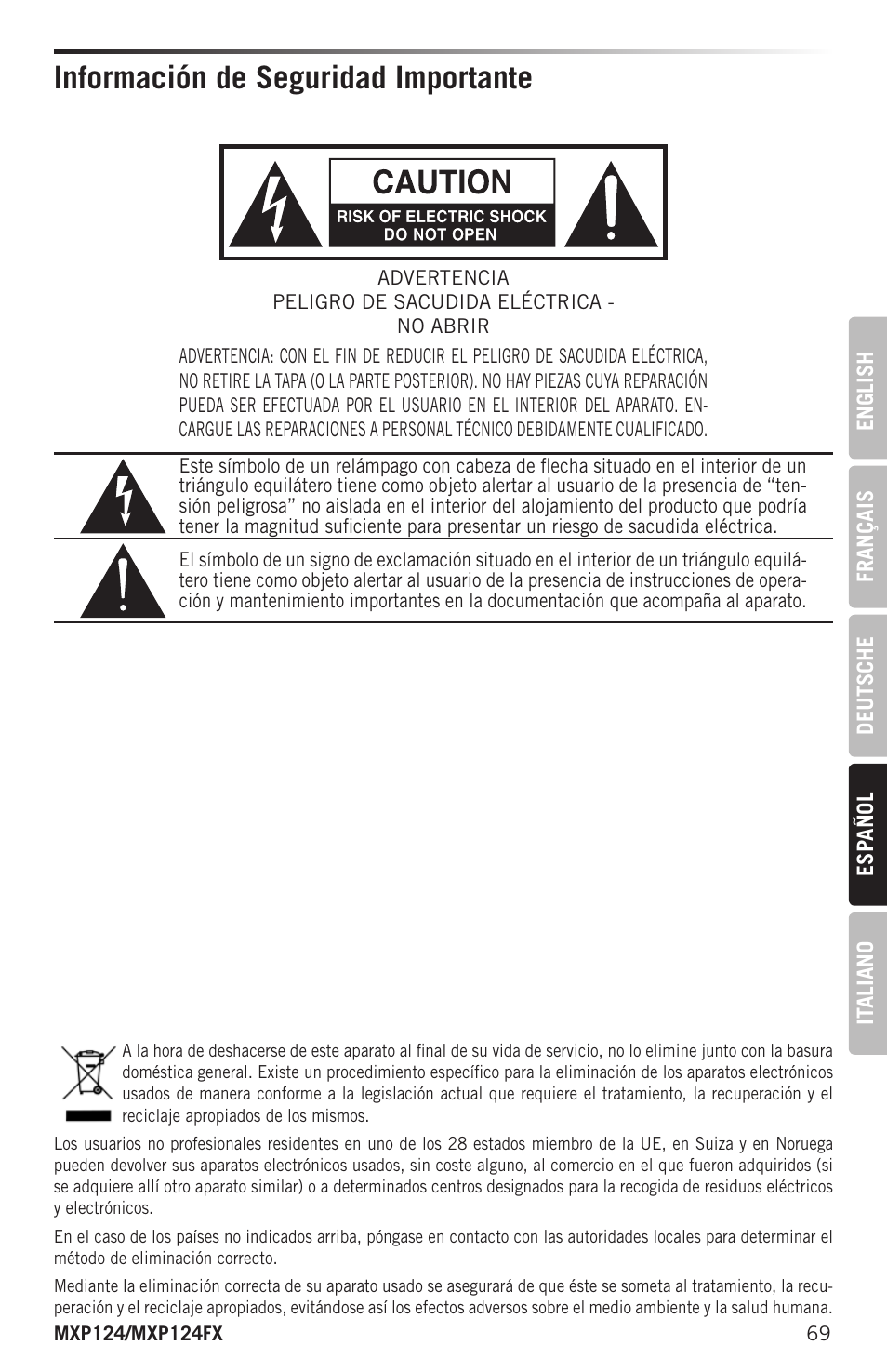 Información de seguridad importante | Samson MIXPAD MXP124FX Analog Stereo Mixer with Effects and USB User Manual | Page 69 / 112