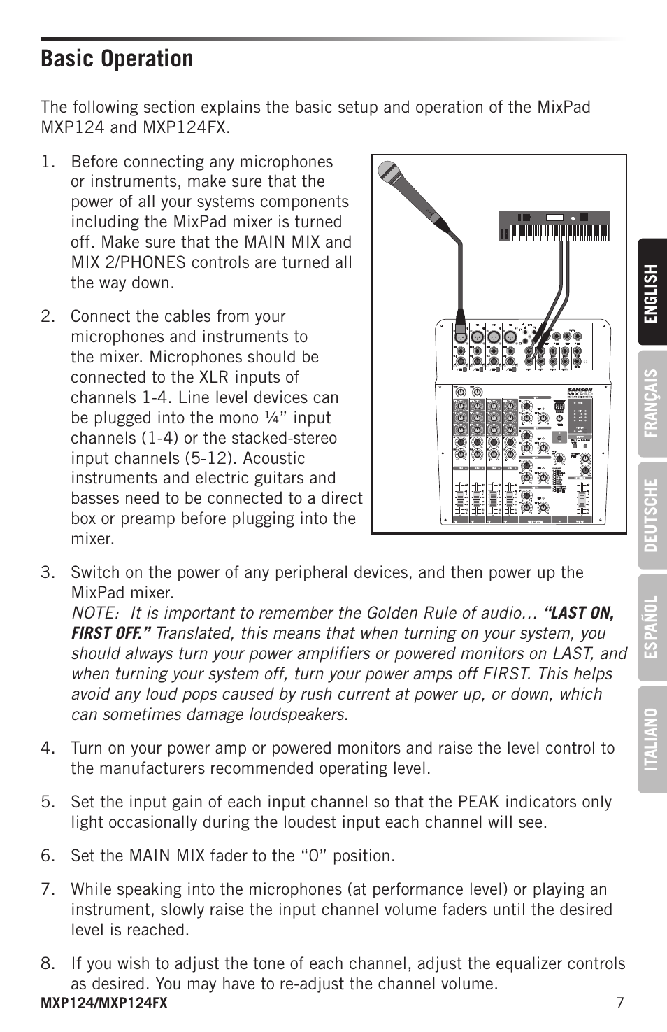 Basic operation | Samson MIXPAD MXP124FX Analog Stereo Mixer with Effects and USB User Manual | Page 7 / 112