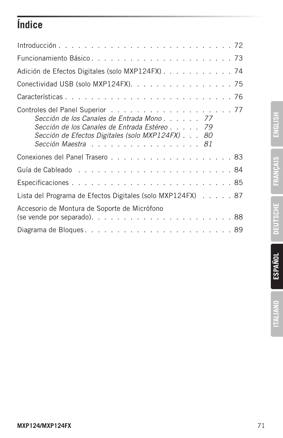 Índice | Samson MIXPAD MXP124FX Analog Stereo Mixer with Effects and USB User Manual | Page 71 / 112