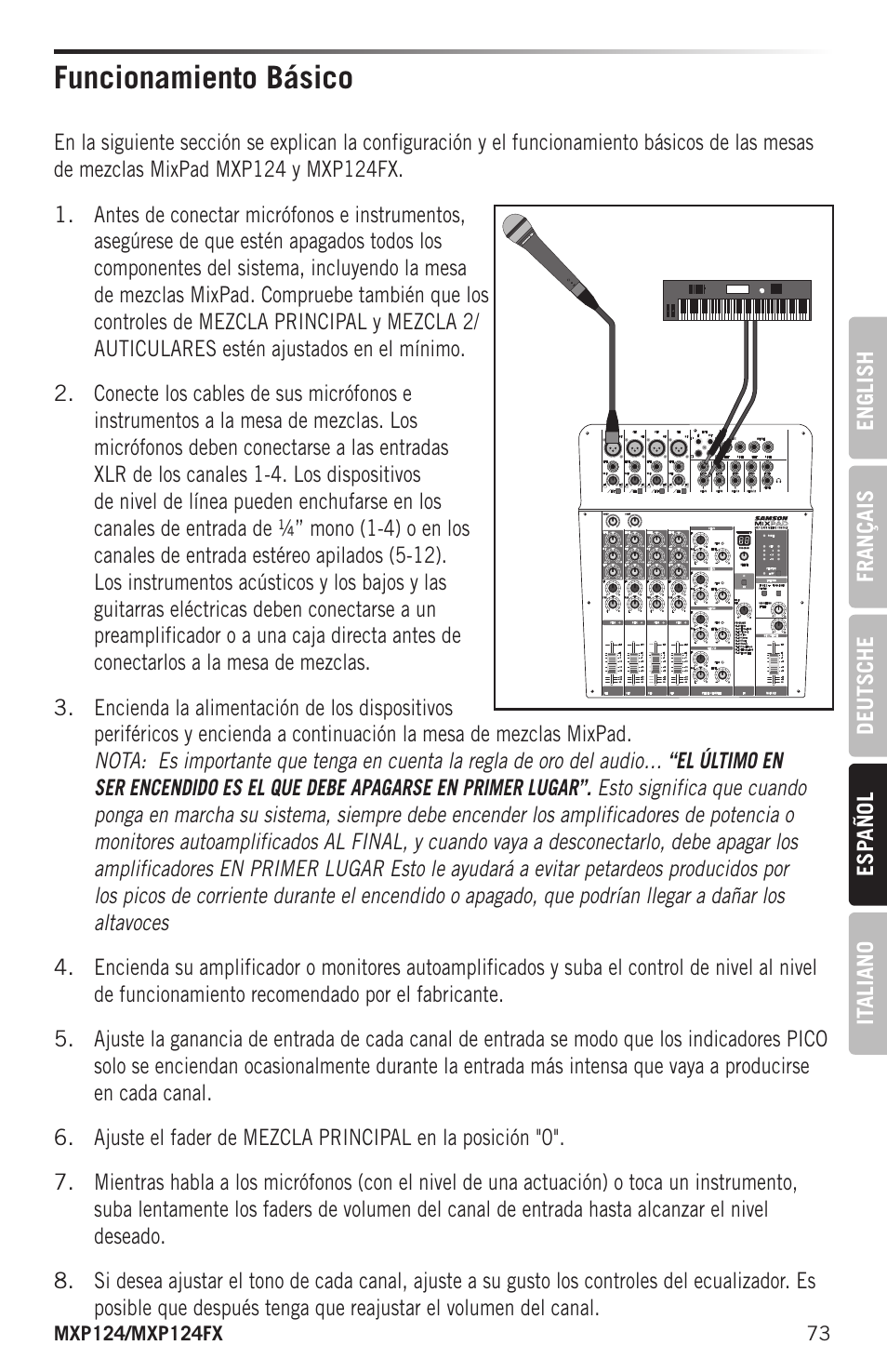 Funcionamiento básico | Samson MIXPAD MXP124FX Analog Stereo Mixer with Effects and USB User Manual | Page 73 / 112