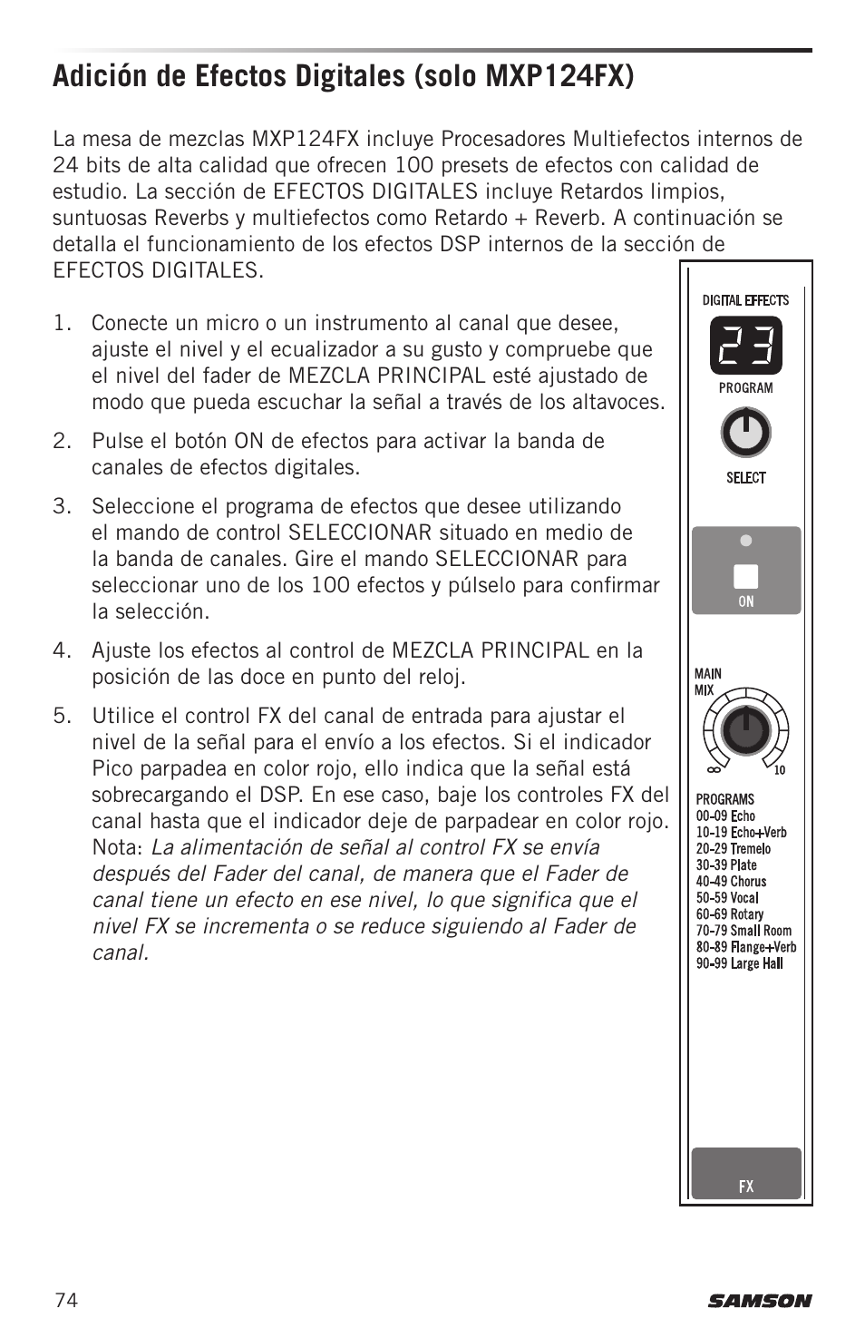 Adición de efectos digitales (solo mxp124fx) | Samson MIXPAD MXP124FX Analog Stereo Mixer with Effects and USB User Manual | Page 74 / 112