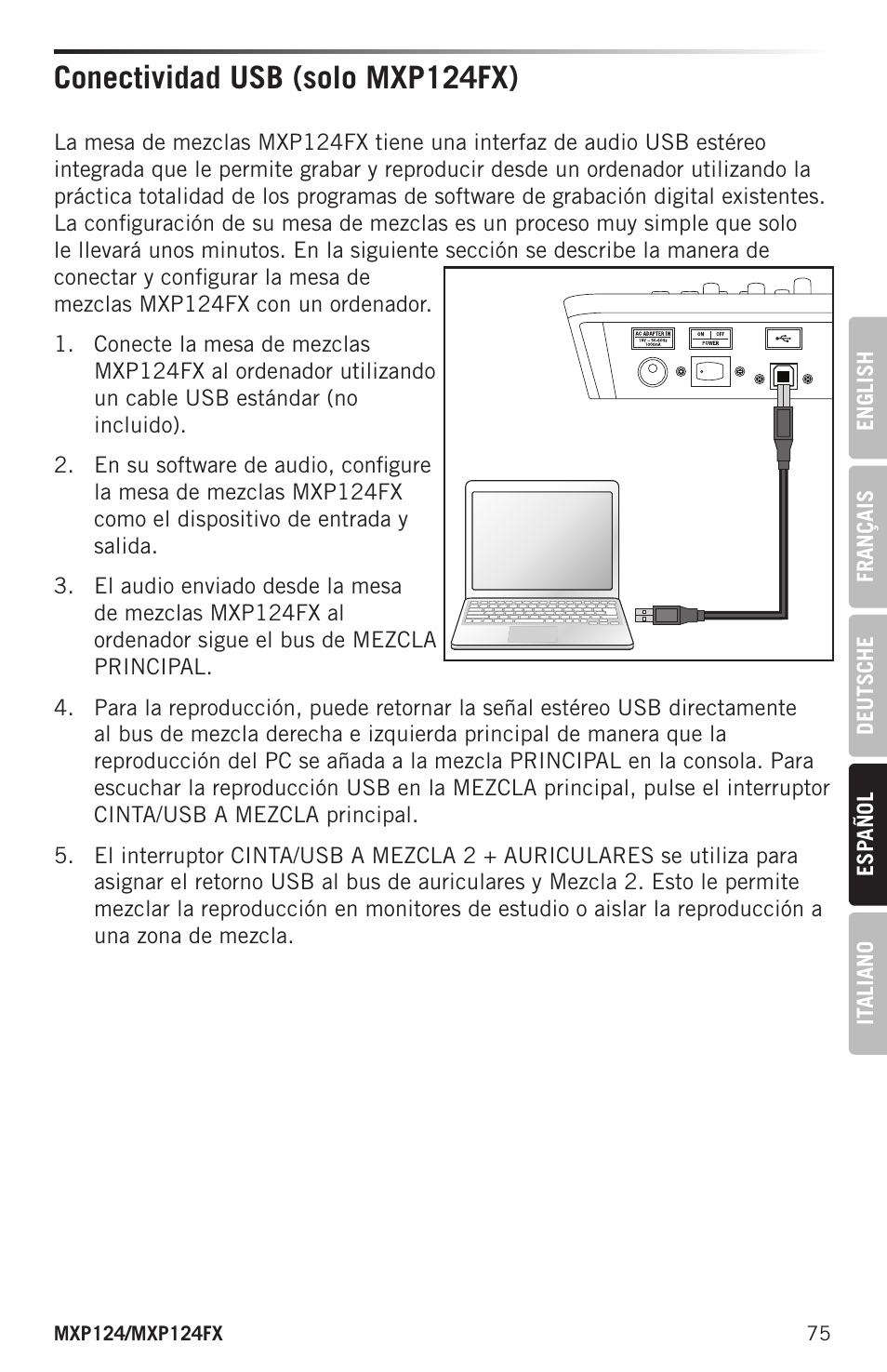 Conectividad usb (solo mxp124fx) | Samson MIXPAD MXP124FX Analog Stereo Mixer with Effects and USB User Manual | Page 75 / 112