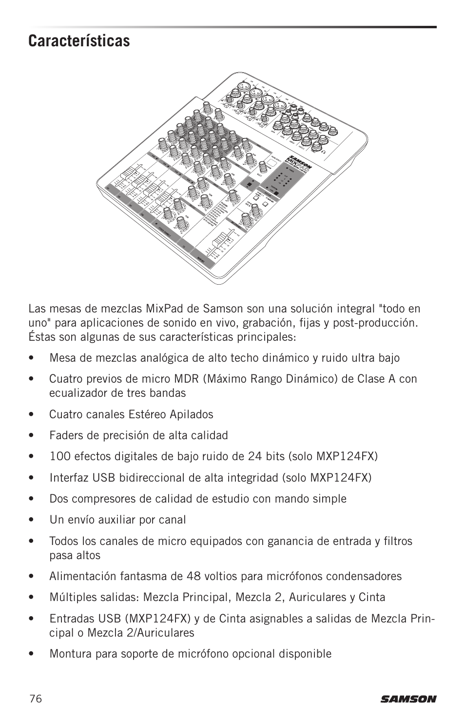 Características | Samson MIXPAD MXP124FX Analog Stereo Mixer with Effects and USB User Manual | Page 76 / 112