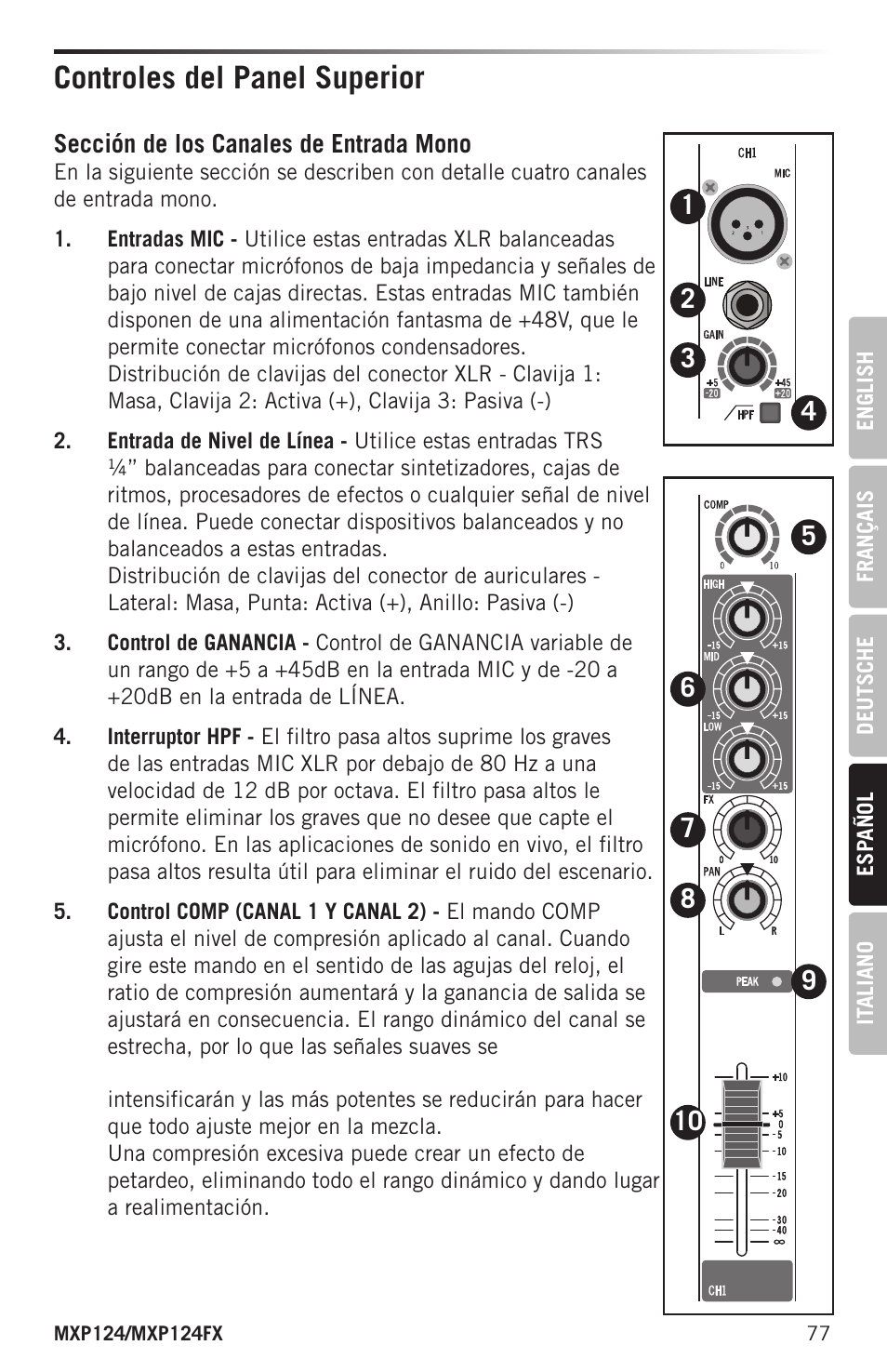 Controles del panel superior | Samson MIXPAD MXP124FX Analog Stereo Mixer with Effects and USB User Manual | Page 77 / 112