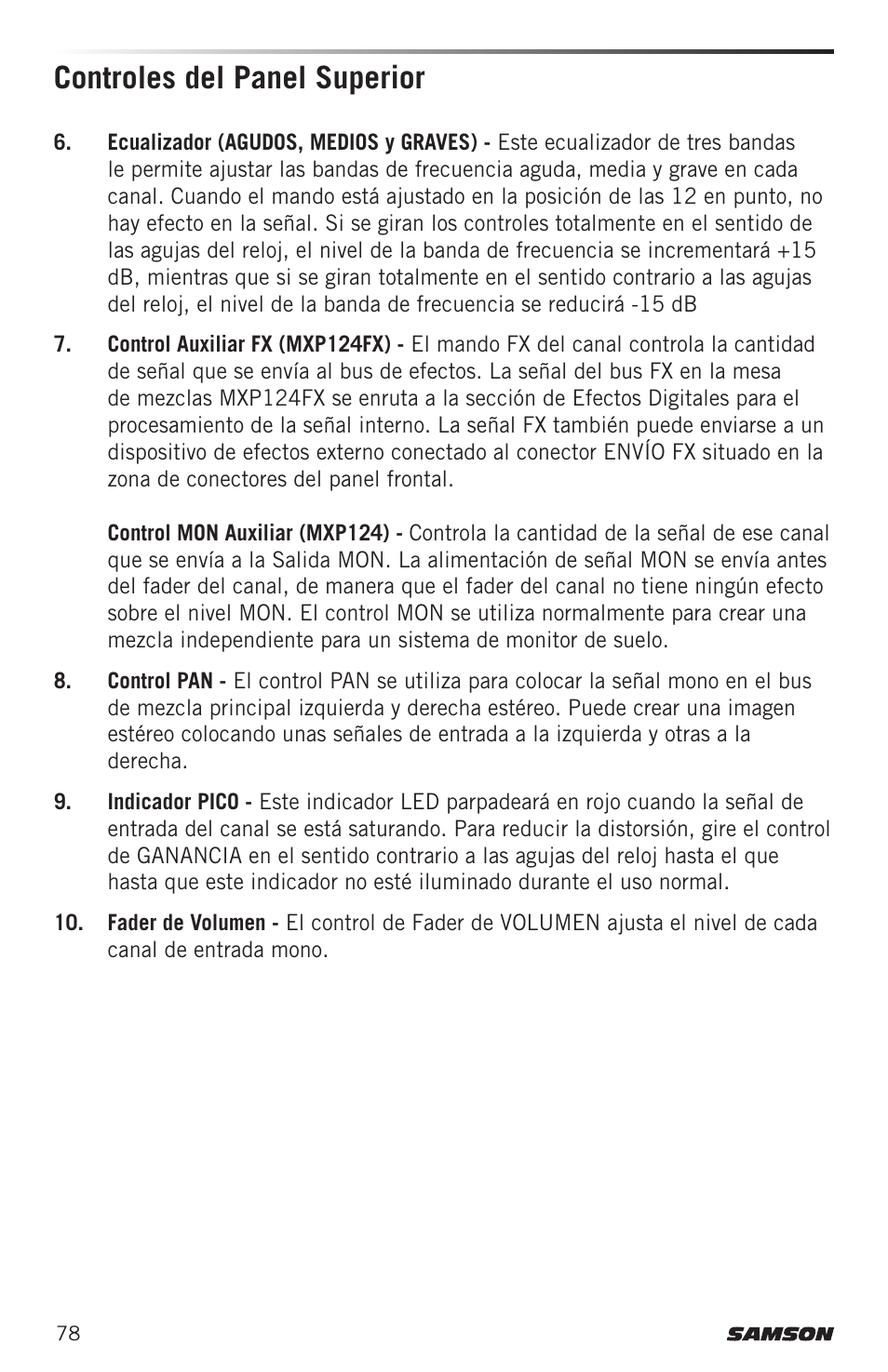 Controles del panel superior | Samson MIXPAD MXP124FX Analog Stereo Mixer with Effects and USB User Manual | Page 78 / 112