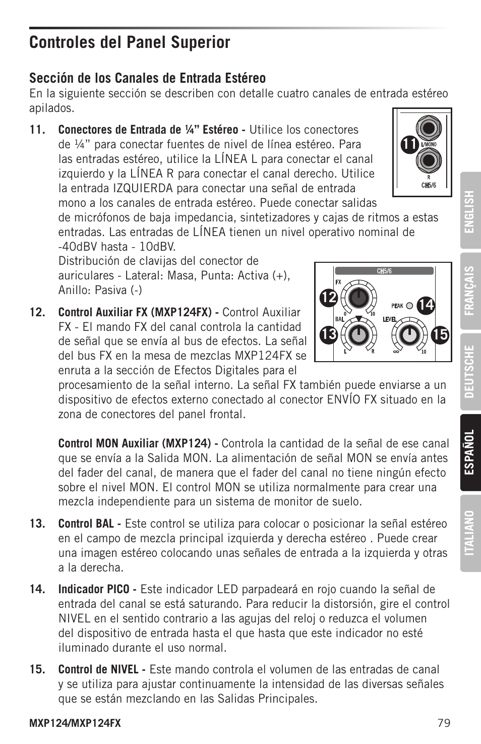 Controles del panel superior | Samson MIXPAD MXP124FX Analog Stereo Mixer with Effects and USB User Manual | Page 79 / 112