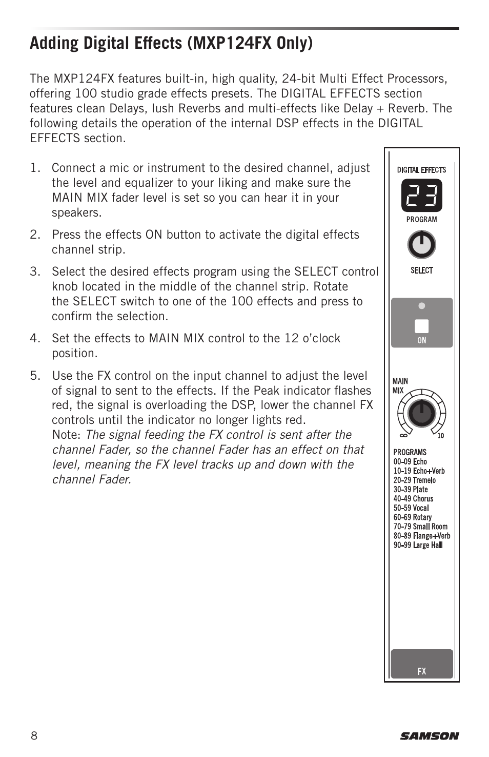 Adding digital effects (mxp124fx only) | Samson MIXPAD MXP124FX Analog Stereo Mixer with Effects and USB User Manual | Page 8 / 112