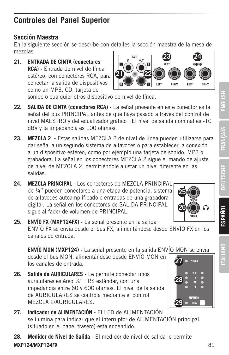 Controles del panel superior | Samson MIXPAD MXP124FX Analog Stereo Mixer with Effects and USB User Manual | Page 81 / 112