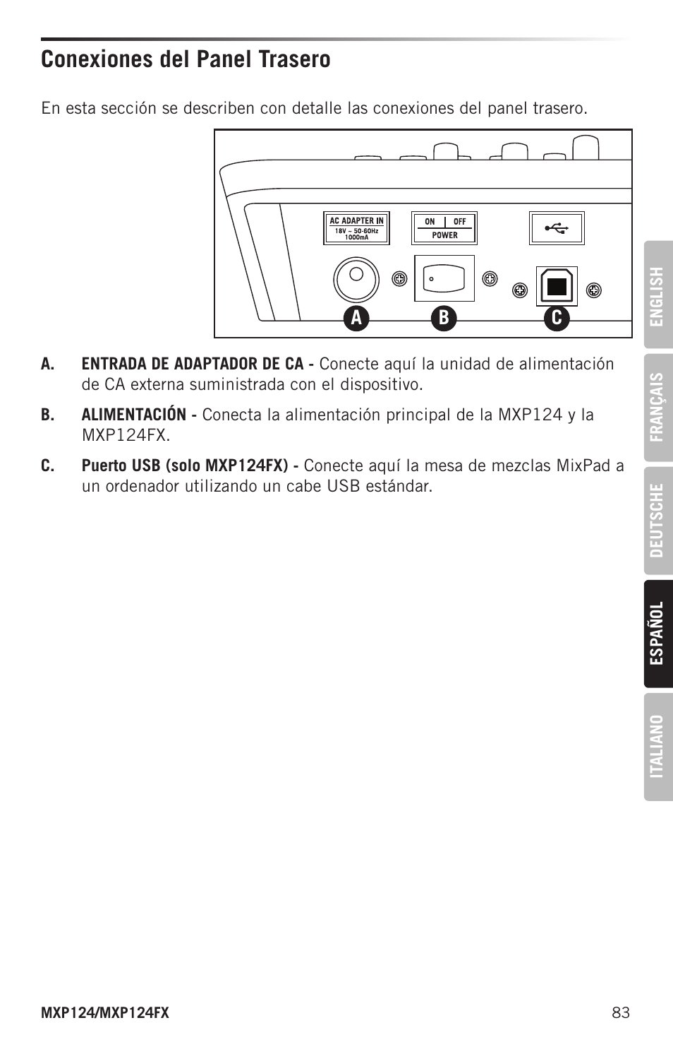 Conexiones del panel trasero | Samson MIXPAD MXP124FX Analog Stereo Mixer with Effects and USB User Manual | Page 83 / 112