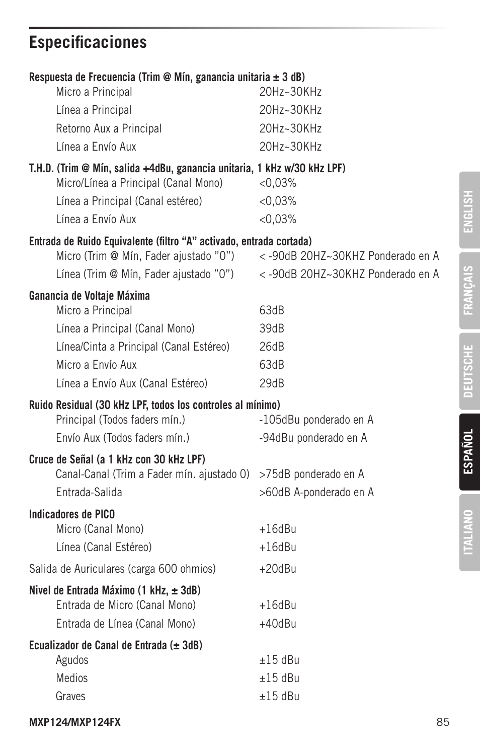 Especificaciones | Samson MIXPAD MXP124FX Analog Stereo Mixer with Effects and USB User Manual | Page 85 / 112