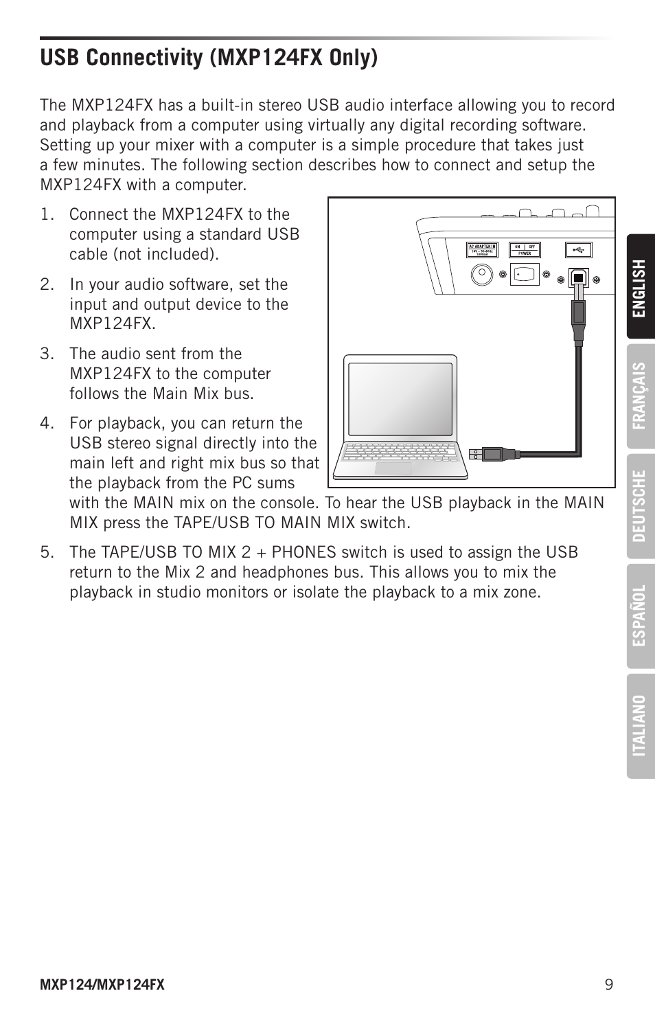 Usb connectivity (mxp124fx only) | Samson MIXPAD MXP124FX Analog Stereo Mixer with Effects and USB User Manual | Page 9 / 112