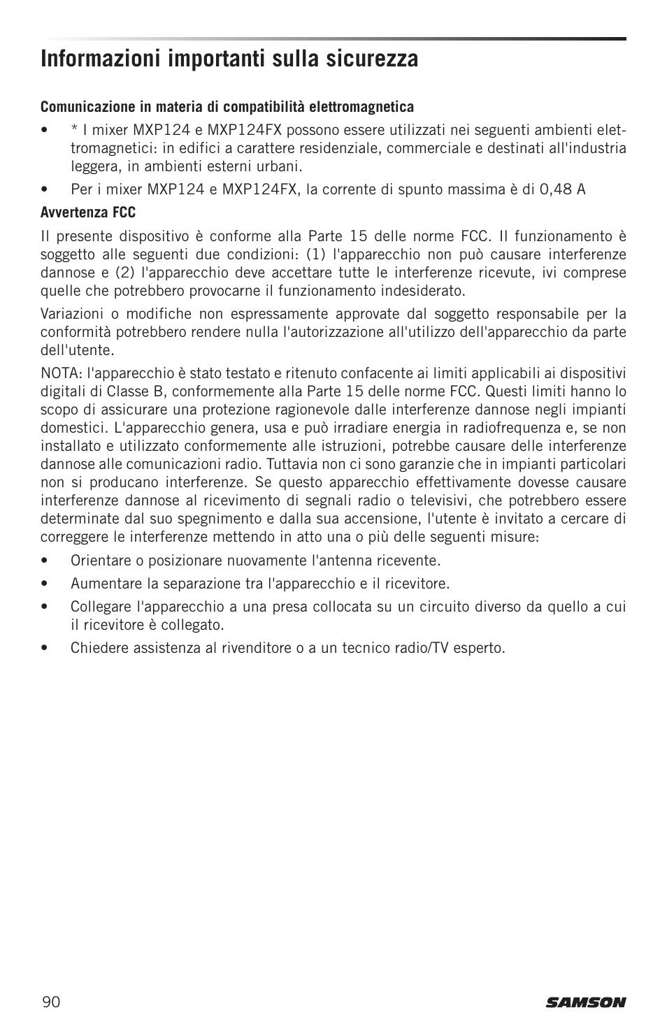 Informazioni importanti sulla sicurezza | Samson MIXPAD MXP124FX Analog Stereo Mixer with Effects and USB User Manual | Page 90 / 112