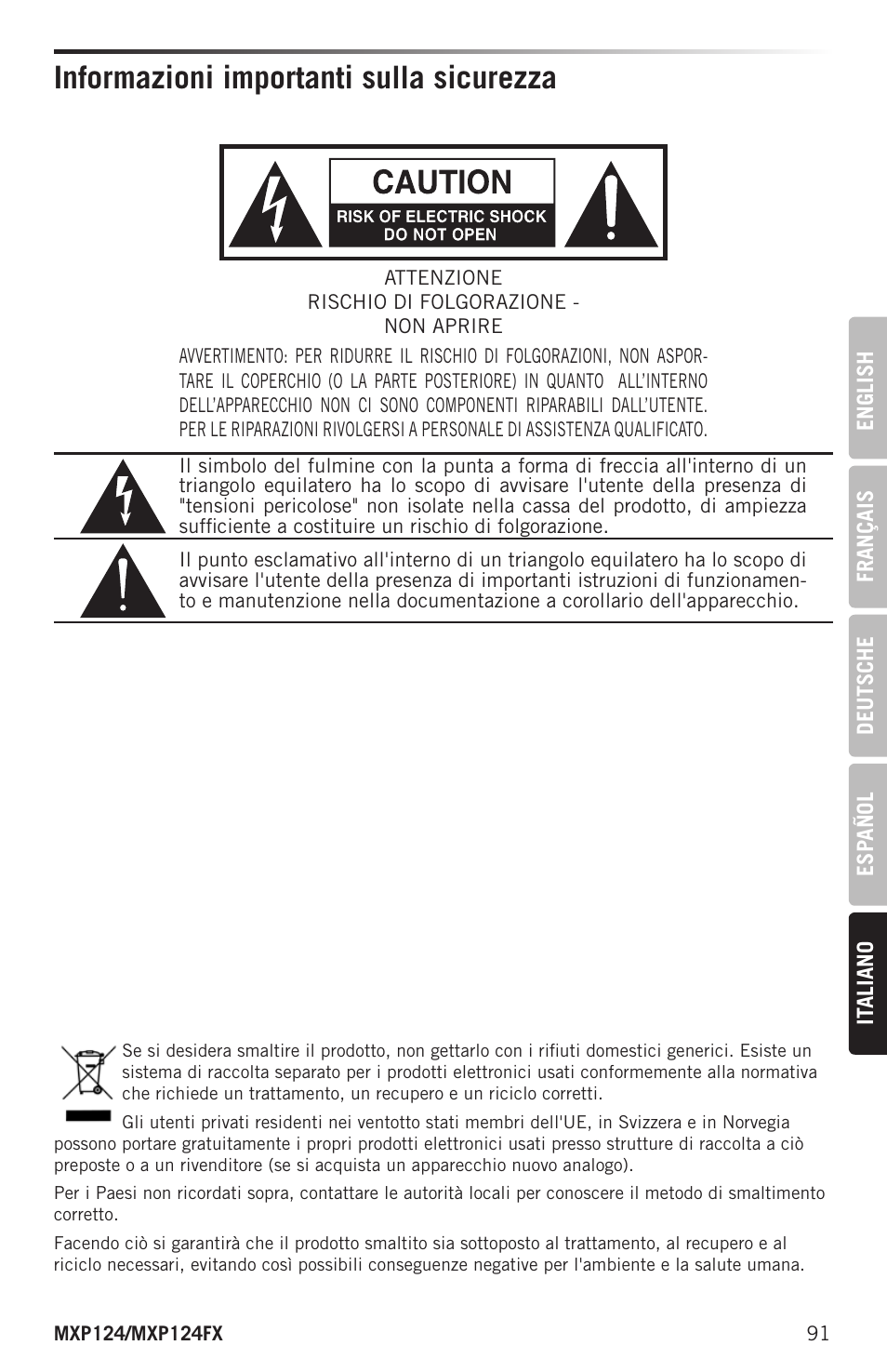 Informazioni importanti sulla sicurezza | Samson MIXPAD MXP124FX Analog Stereo Mixer with Effects and USB User Manual | Page 91 / 112