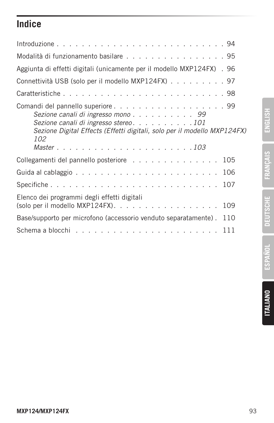 Indice | Samson MIXPAD MXP124FX Analog Stereo Mixer with Effects and USB User Manual | Page 93 / 112