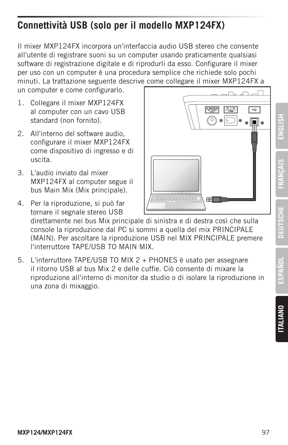 Connettività usb (solo per il modello mxp124fx) | Samson MIXPAD MXP124FX Analog Stereo Mixer with Effects and USB User Manual | Page 97 / 112