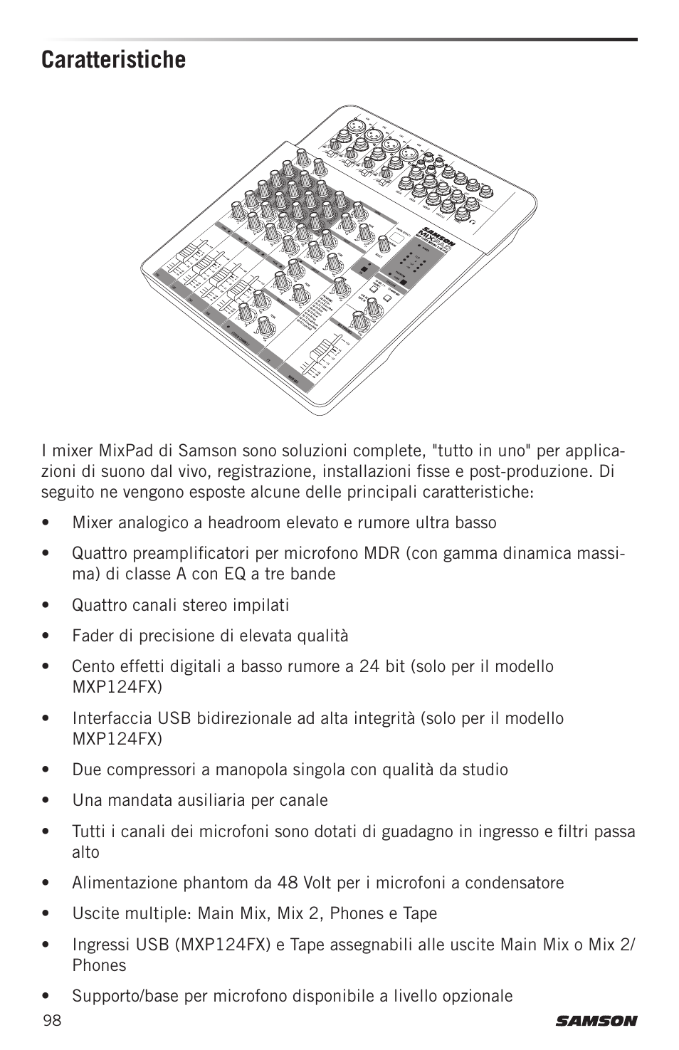 Caratteristiche | Samson MIXPAD MXP124FX Analog Stereo Mixer with Effects and USB User Manual | Page 98 / 112
