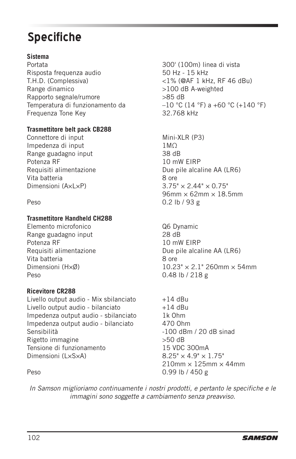 Specifiche | Samson CB288 Beltpack Transmitter for Concert 288 Wireless System (Band H, Channel A) User Manual | Page 102 / 104