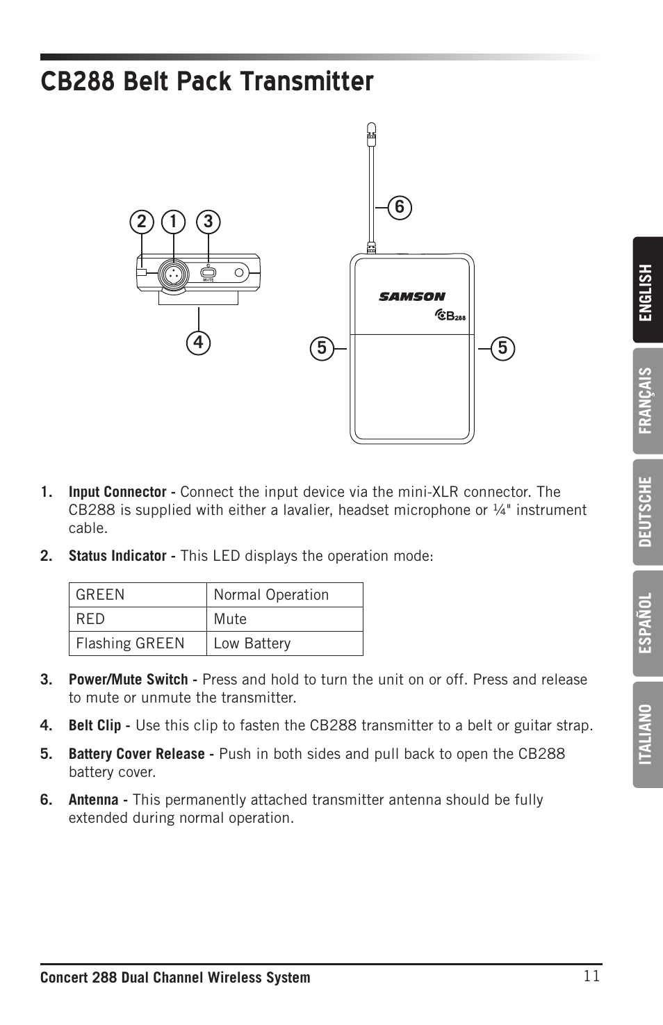 Cb288 belt pack transmitter | Samson CB288 Beltpack Transmitter for Concert 288 Wireless System (Band H, Channel A) User Manual | Page 11 / 104