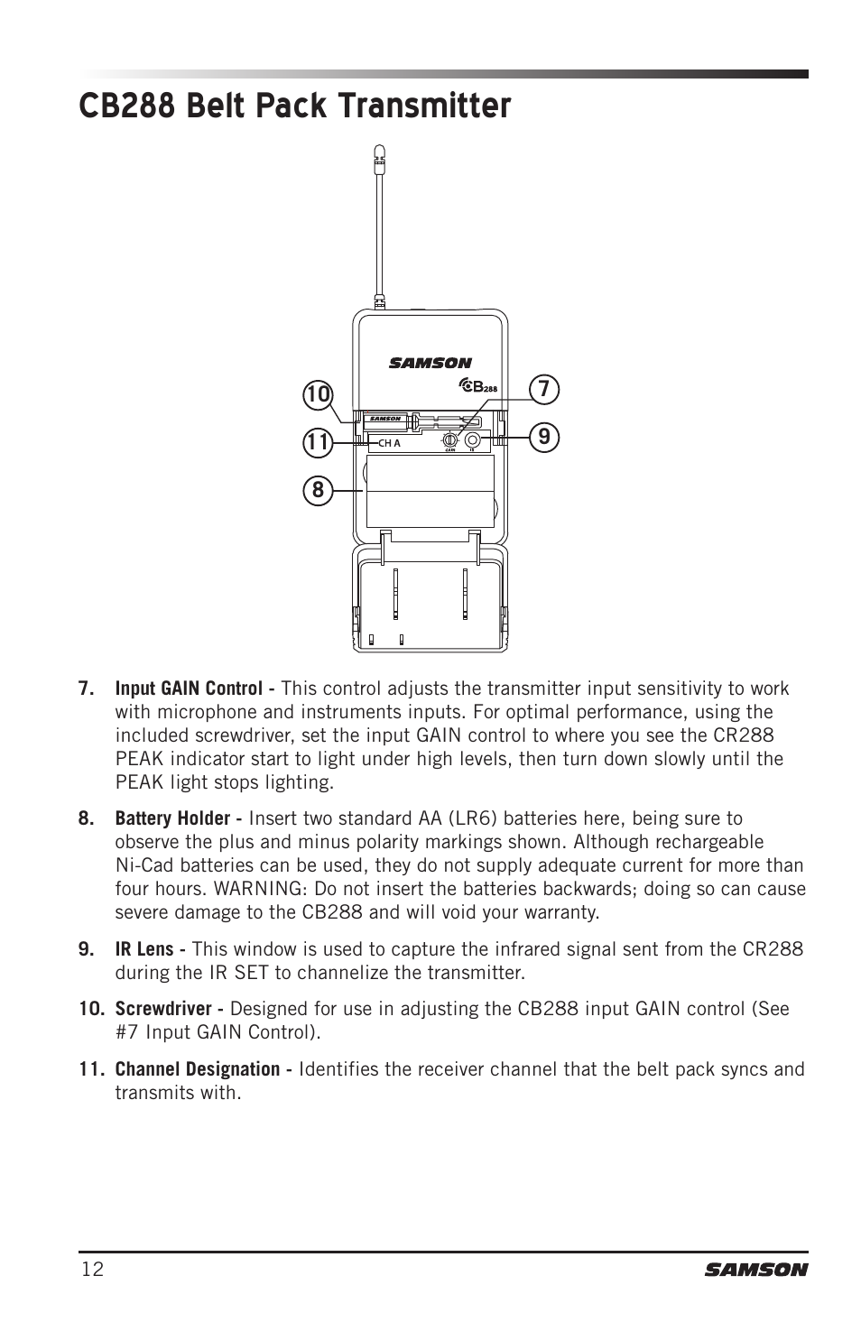 Cb288 belt pack transmitter | Samson CB288 Beltpack Transmitter for Concert 288 Wireless System (Band H, Channel A) User Manual | Page 12 / 104