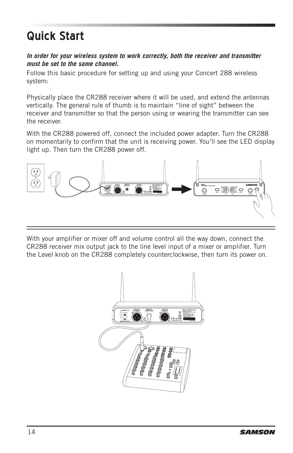 Quick start | Samson CB288 Beltpack Transmitter for Concert 288 Wireless System (Band H, Channel A) User Manual | Page 14 / 104