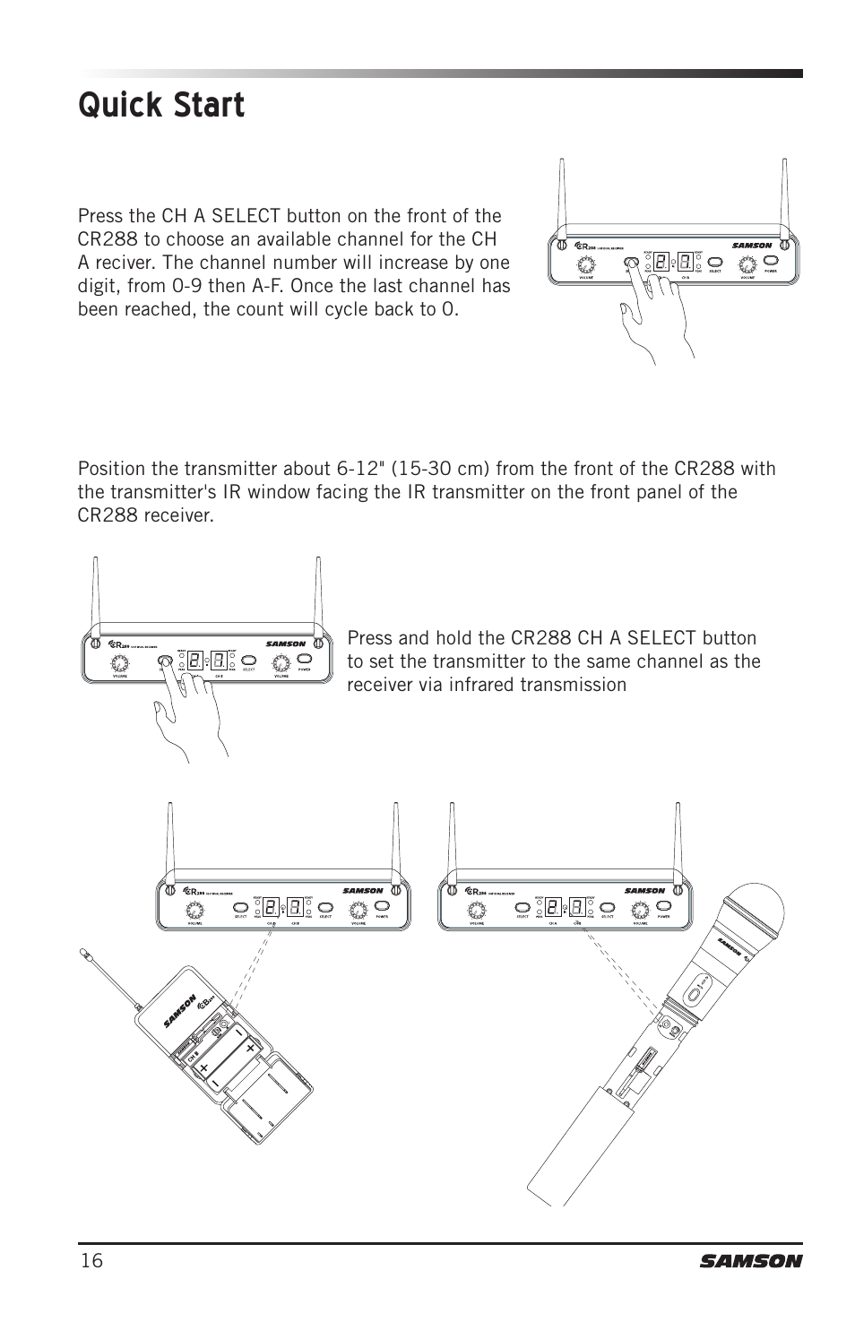 Quick start | Samson CB288 Beltpack Transmitter for Concert 288 Wireless System (Band H, Channel A) User Manual | Page 16 / 104