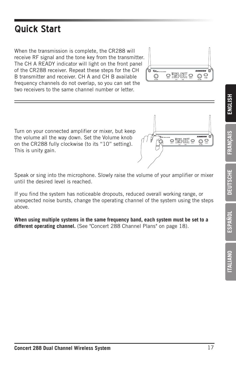 Quick start | Samson CB288 Beltpack Transmitter for Concert 288 Wireless System (Band H, Channel A) User Manual | Page 17 / 104