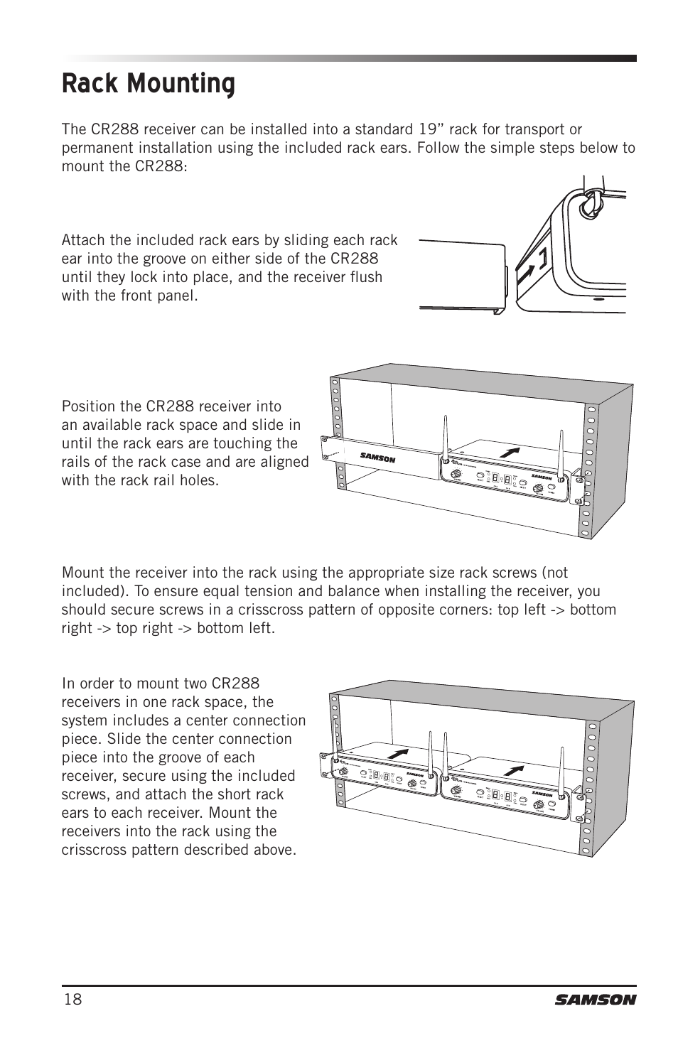 Rack mounting | Samson CB288 Beltpack Transmitter for Concert 288 Wireless System (Band H, Channel A) User Manual | Page 18 / 104