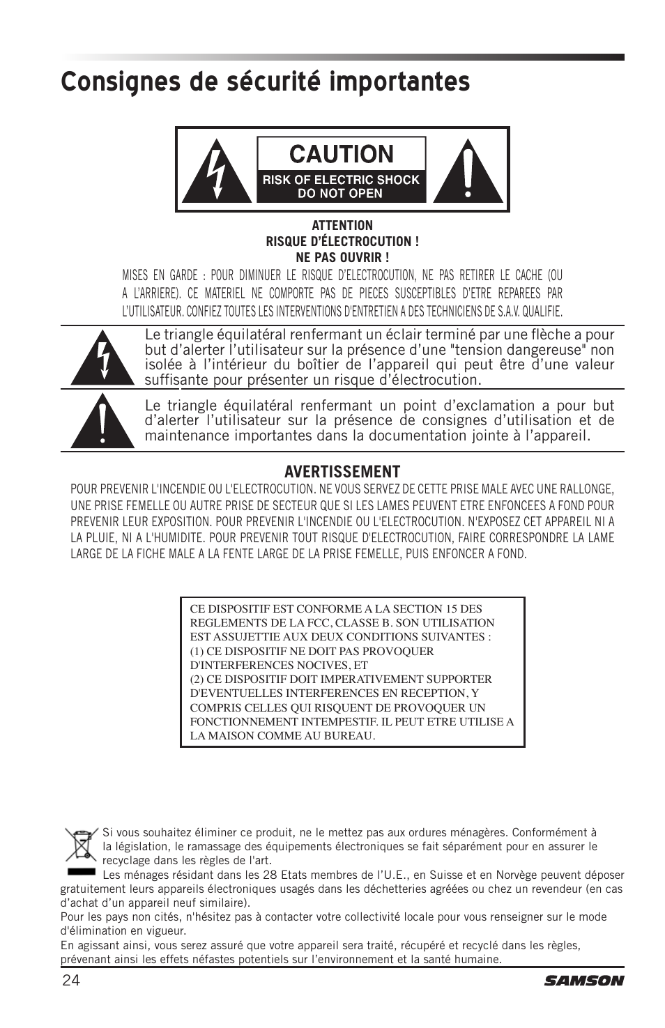 Consignes de sécurité importantes, Avertissement | Samson CB288 Beltpack Transmitter for Concert 288 Wireless System (Band H, Channel A) User Manual | Page 24 / 104