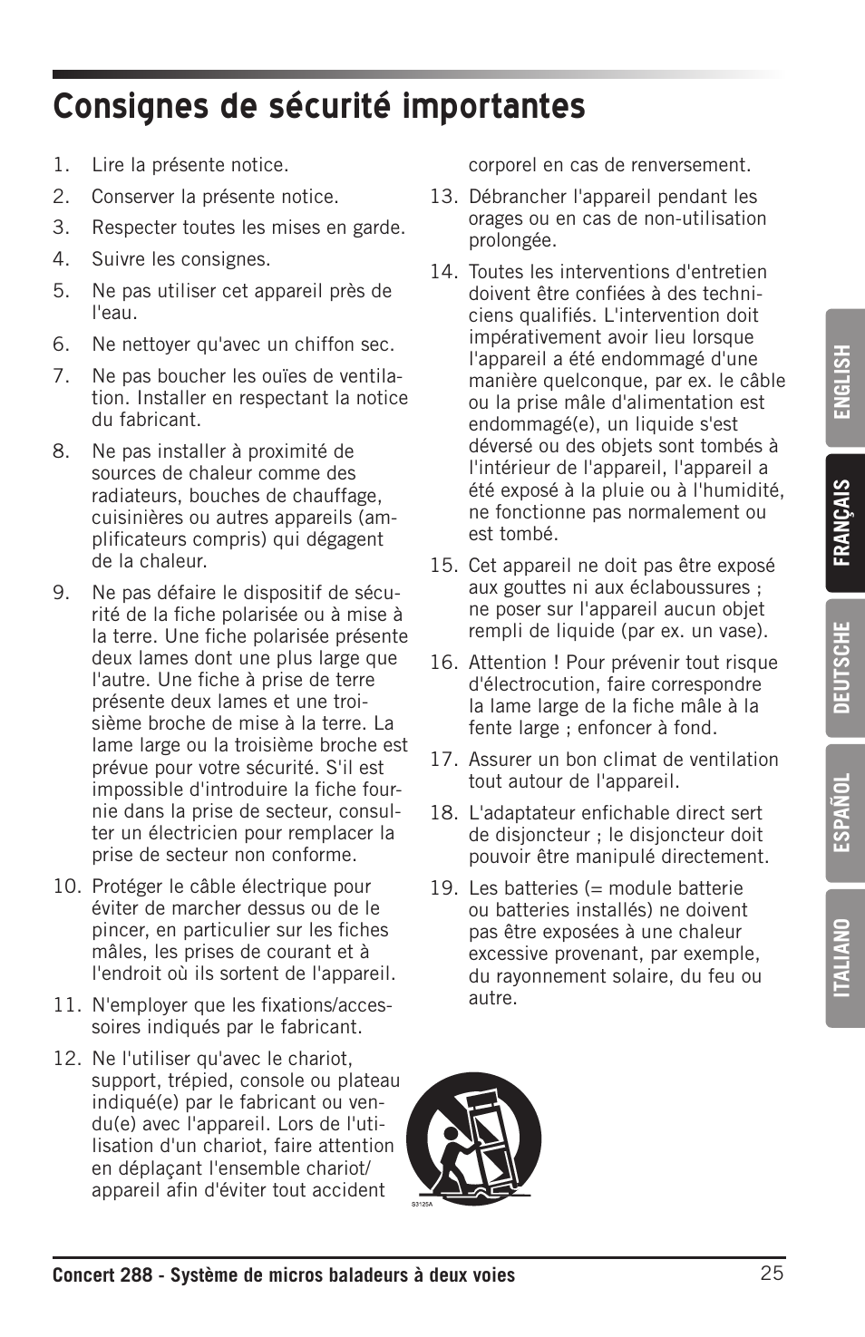 Consignes de sécurité importantes | Samson CB288 Beltpack Transmitter for Concert 288 Wireless System (Band H, Channel A) User Manual | Page 25 / 104