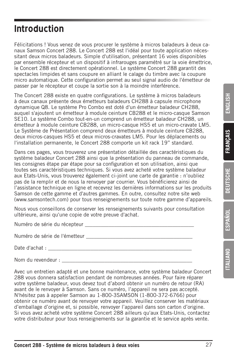 Introduction | Samson CB288 Beltpack Transmitter for Concert 288 Wireless System (Band H, Channel A) User Manual | Page 27 / 104