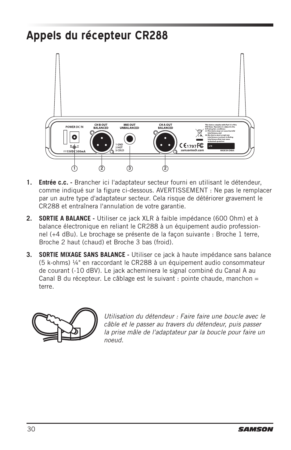 Appels du récepteur cr288 | Samson CB288 Beltpack Transmitter for Concert 288 Wireless System (Band H, Channel A) User Manual | Page 30 / 104
