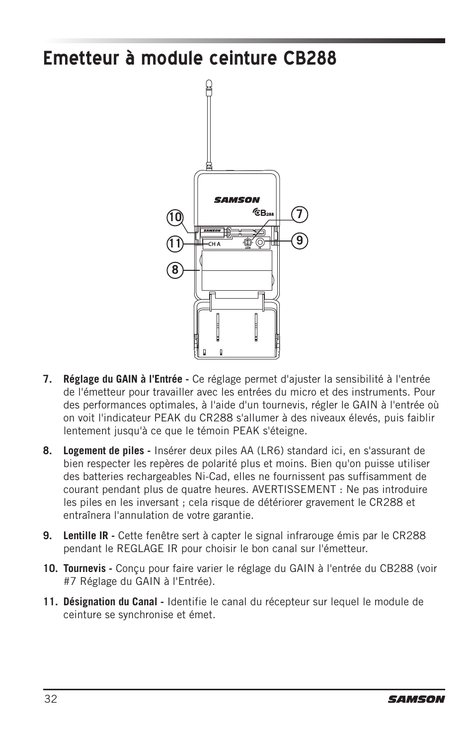 Emetteur à module ceinture cb288 | Samson CB288 Beltpack Transmitter for Concert 288 Wireless System (Band H, Channel A) User Manual | Page 32 / 104