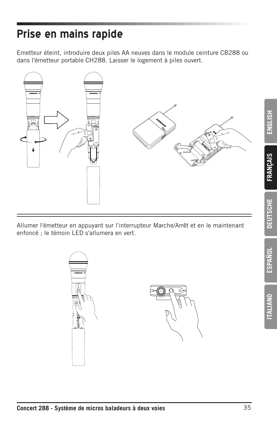 Prise en mains rapide, English français deutsche esp añol it aliano | Samson CB288 Beltpack Transmitter for Concert 288 Wireless System (Band H, Channel A) User Manual | Page 35 / 104