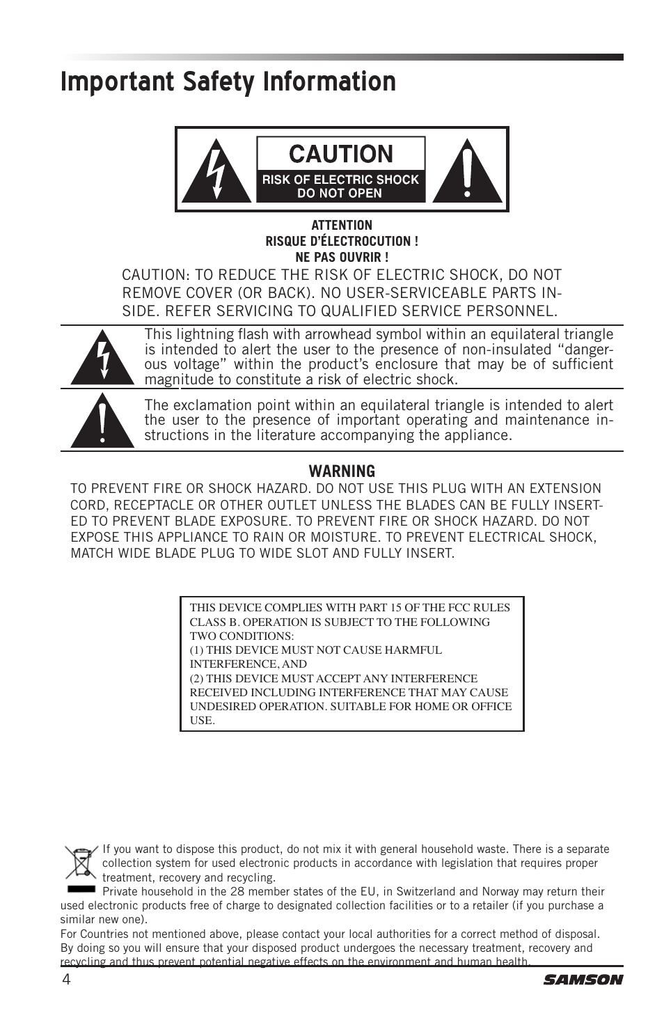 Important safety information, Warning | Samson CB288 Beltpack Transmitter for Concert 288 Wireless System (Band H, Channel A) User Manual | Page 4 / 104