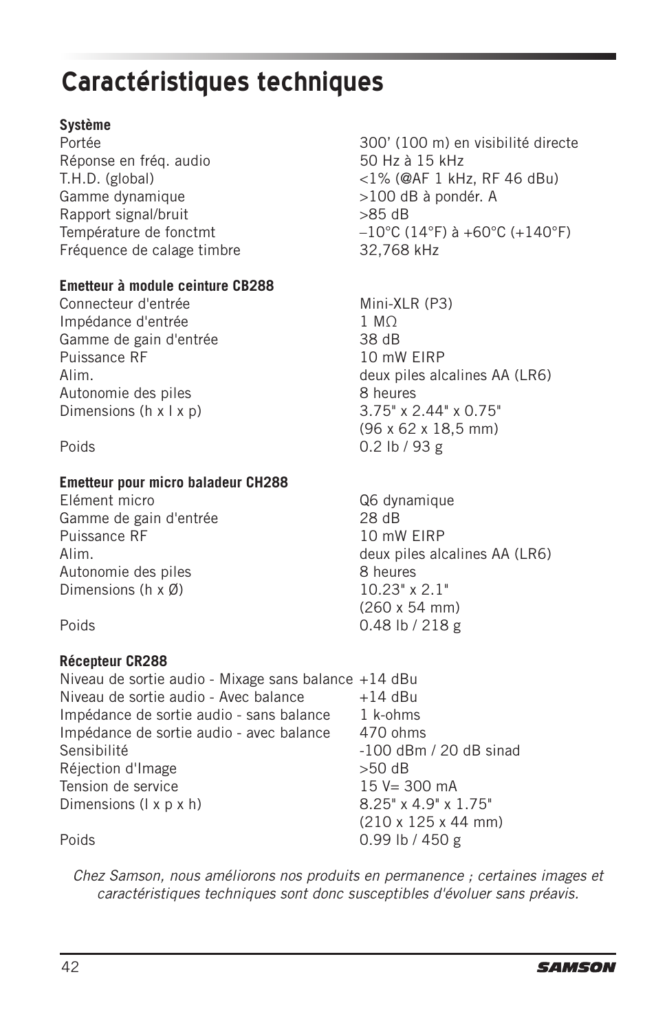 Caractéristiques techniques | Samson CB288 Beltpack Transmitter for Concert 288 Wireless System (Band H, Channel A) User Manual | Page 42 / 104